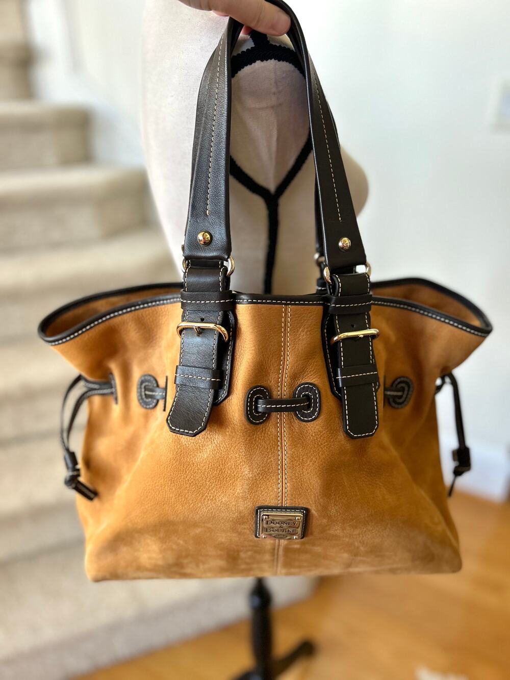 Dooney & Bourke Mustard Yellow Suede Brown Leather Slouchy Satchel Bag